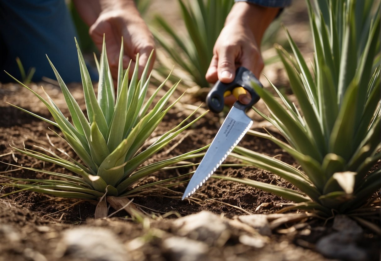 A yucca plant is being split into two smaller plants using sharp gardening tools on a clean, flat surface