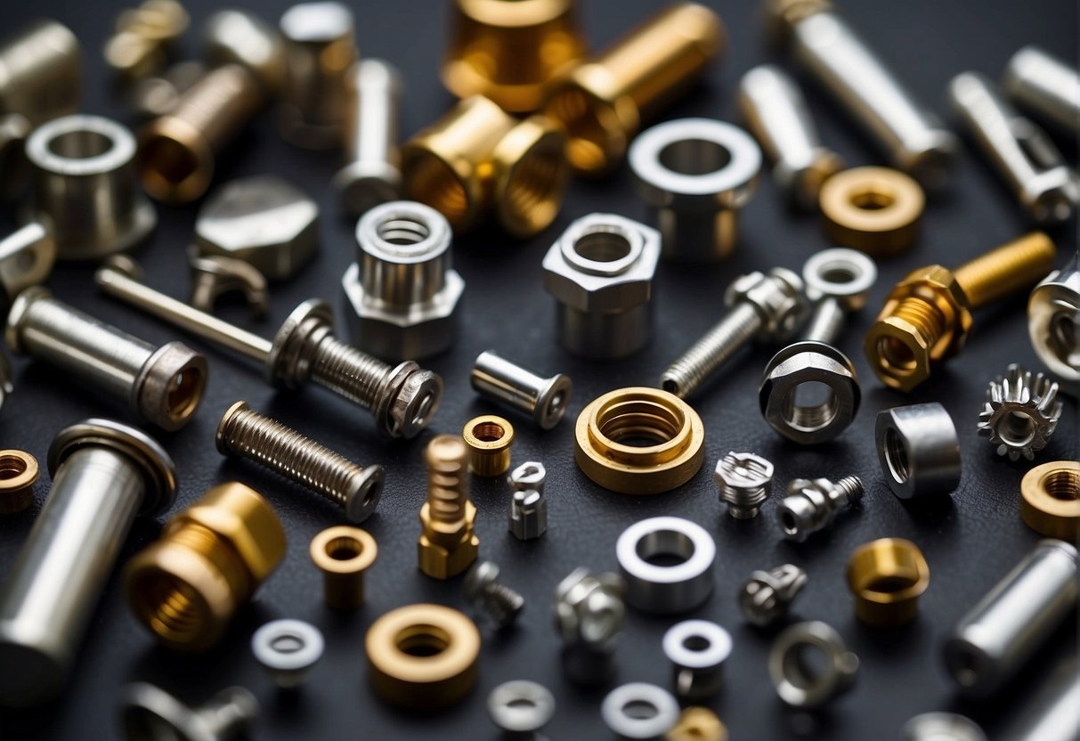 Aerospace fasteners and components arranged in a precise and orderly manner, with various sizes and shapes, ready for space assembly