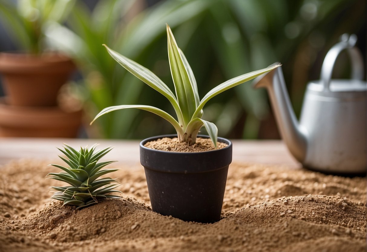 Yucca plant in a pot, soil mix of sand and perlite, hand trowel, watering can, indoor setting with natural light