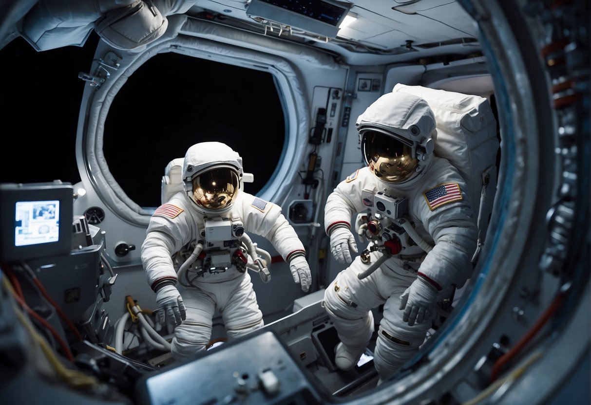 Astronauts in space suits with integrated tech, adjusting to zero gravity, surrounded by futuristic space equipment and vehicles