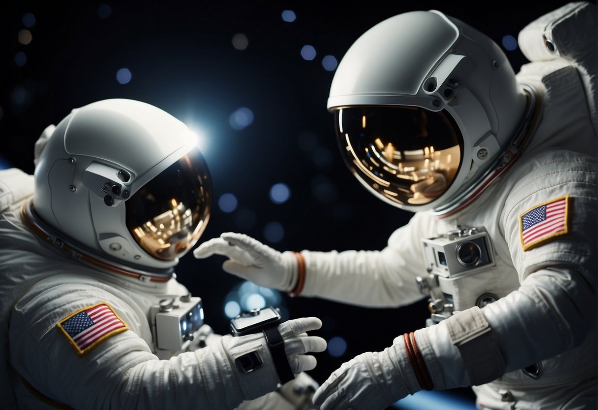 Astronauts use wearable tech in space. Companies develop tools for communication and control. The scene shows astronauts using innovative devices in a space mission