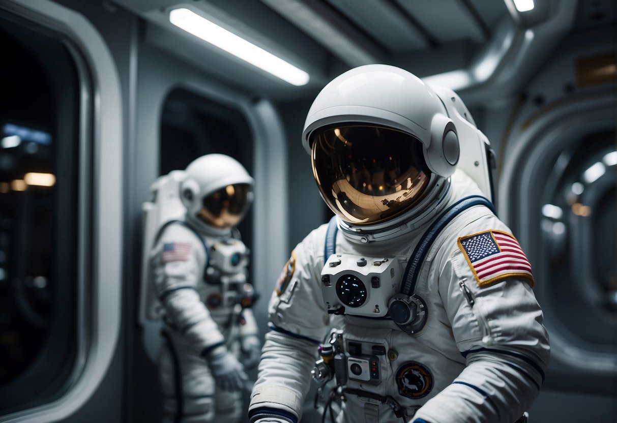 Astronauts in space suits adjust to their surroundings using advanced wearable technology. Companies innovate to improve space mission efficiency