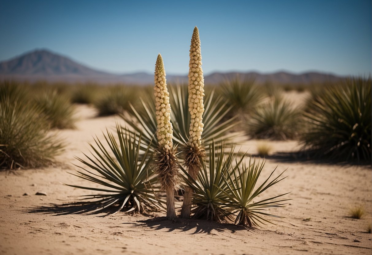 The yucca plants are surrounded by dry, sandy soil and exposed to intense sunlight. Nearby, there are remnants of a Native American settlement, indicating a long history of human cultivation in the area
