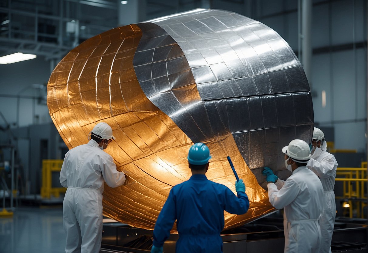 A spacecraft's heat shield material being applied by workers in a high-tech facility, ensuring the safety of spacecraft and crews during re-entry