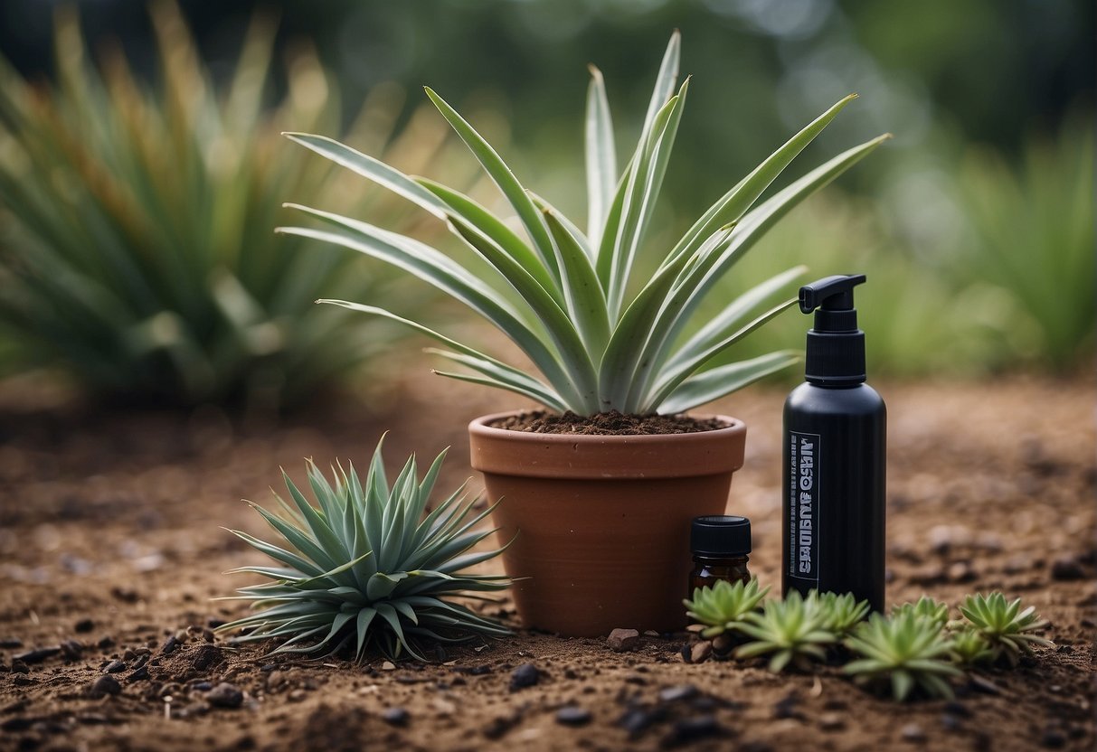 A yucca plant with black spots, surrounded by healthy plants. A bottle of fungicide and gardening tools nearby