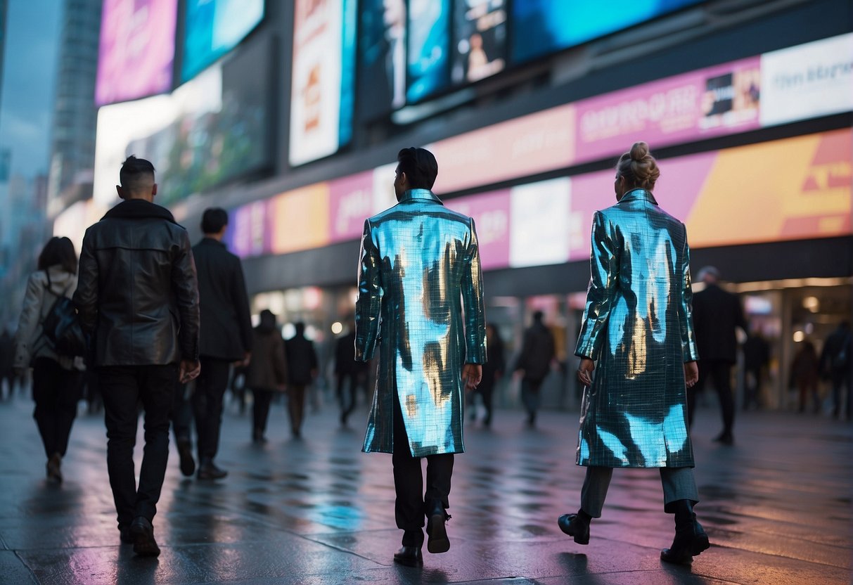 Pedestrians in futuristic attire walk past holographic billboards on a bustling urban street. The fashion is a mix of sleek, high-tech fabrics and bold, avant-garde designs