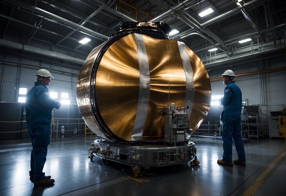 A spacecraft heat shield undergoes rigorous testing in a high-temperature chamber, ensuring its reliability for re-entry. Quality control measures and advanced materials safeguard the safety of spacecraft and crews