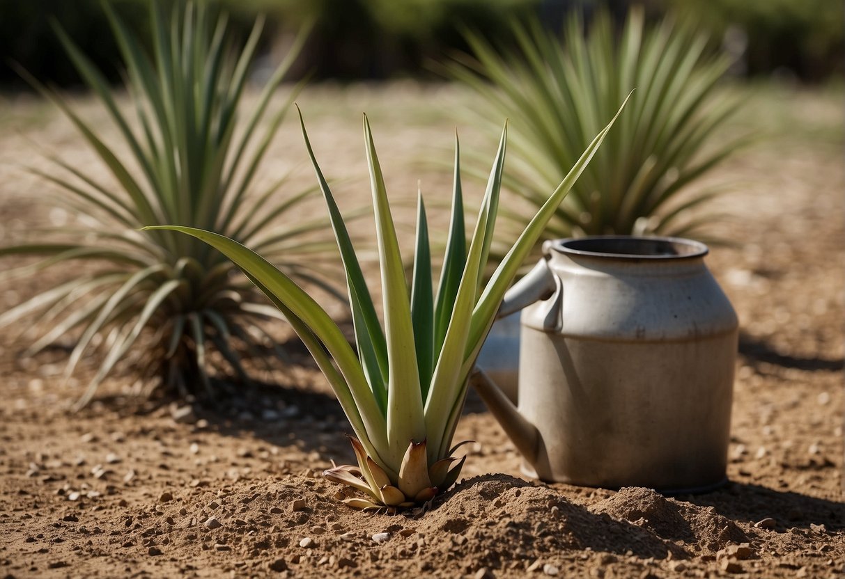 Healthy yucca plants drooping and discolored, with wilted leaves and dry soil. Nearby, a watering can and a bag of fertilizer sit untouched