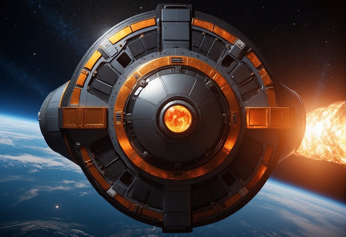 A spacecraft re-enters Earth's atmosphere, its heat shield glowing red hot as it protects the crew inside. Suppliers' logos adorn the shield, showcasing their advanced thermal protection materials