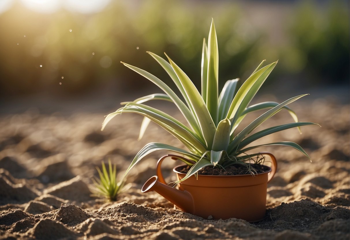A drooping yucca plant stands in dry soil, receiving a gentle watering from a watering can