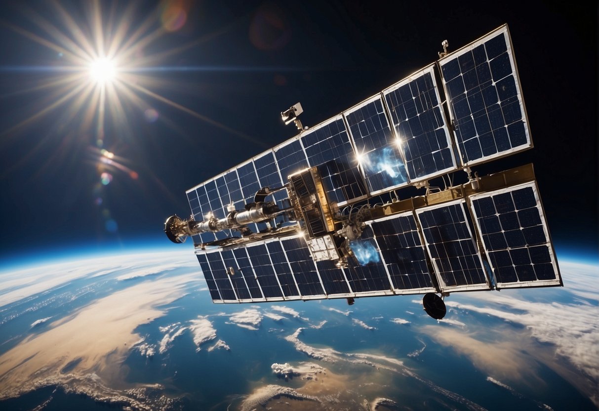 Satellite Propulsion - Small satellites orbiting Earth, propelled by innovative technology. Solar panels gleaming in the sunlight as they power the satellite's propulsion system