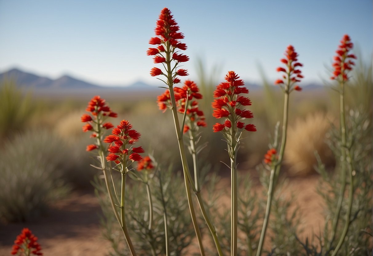 Tall, slender stems with long, narrow leaves. Bright red flowers atop tall spikes. Desert landscape background