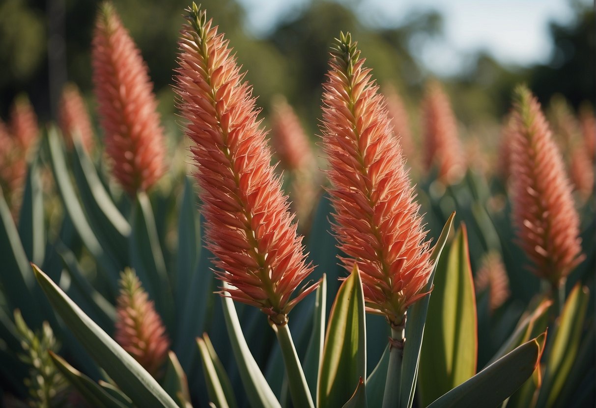 Red yucca plants feature long, slender green leaves with a hint of red at the edges. The tall flower spikes bear tubular, coral-colored flowers