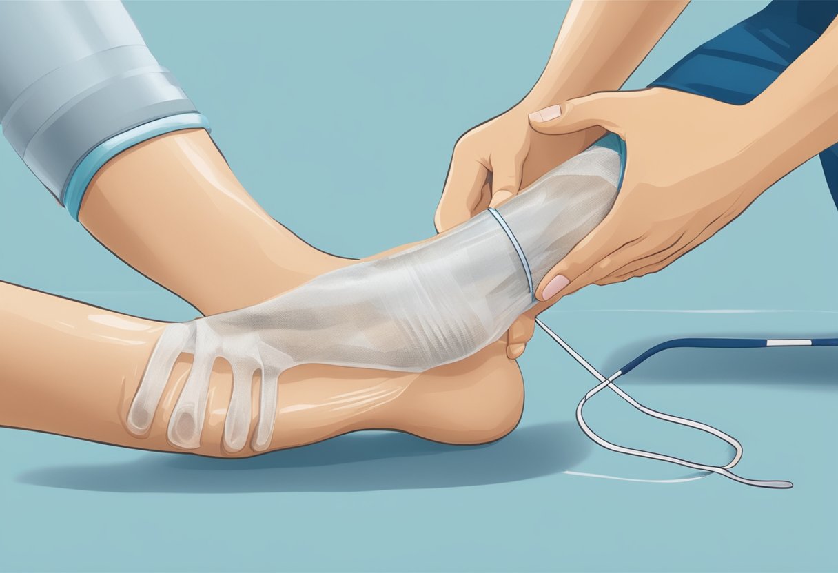 Runner's foot being examined by a podiatrist, followed by treatment with ice and bandages