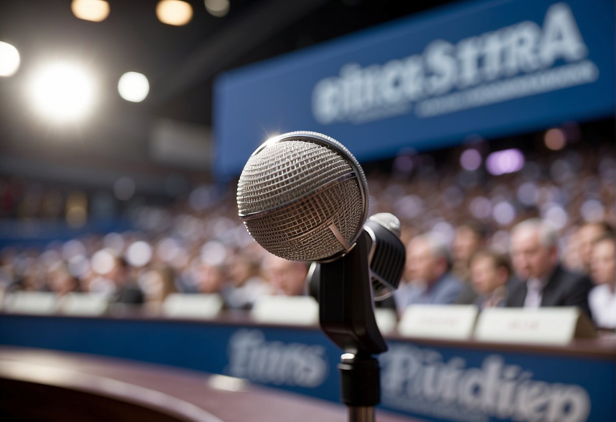 Political headlines fill the front page. A podium with microphones symbolizes press conferences. A globe in the background signifies global impact