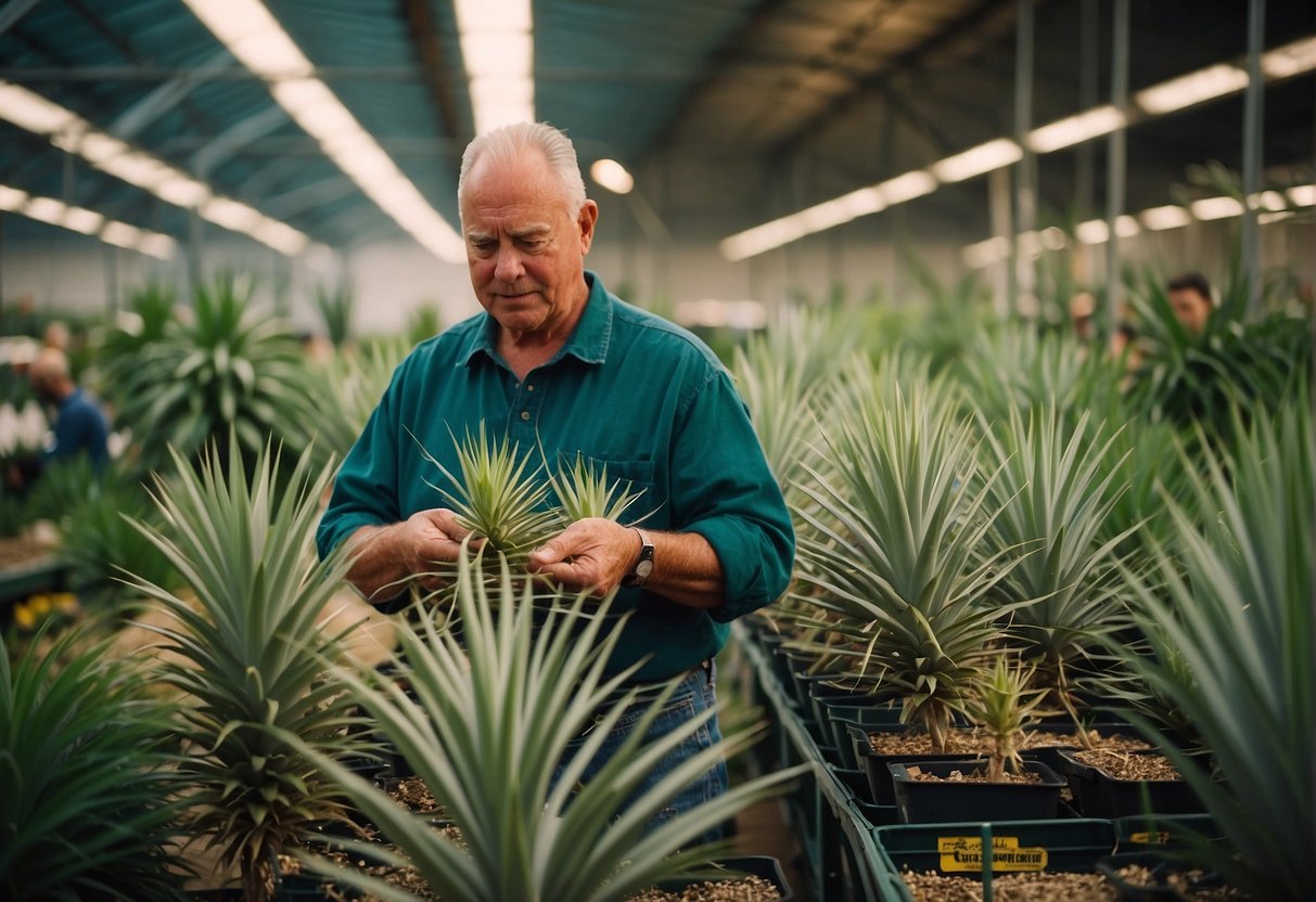 A customer carefully selects a healthy yucca plant from a variety of options at a plant nursery in Austin, TX. The vibrant green leaves and sturdy stem showcase the plant's vitality