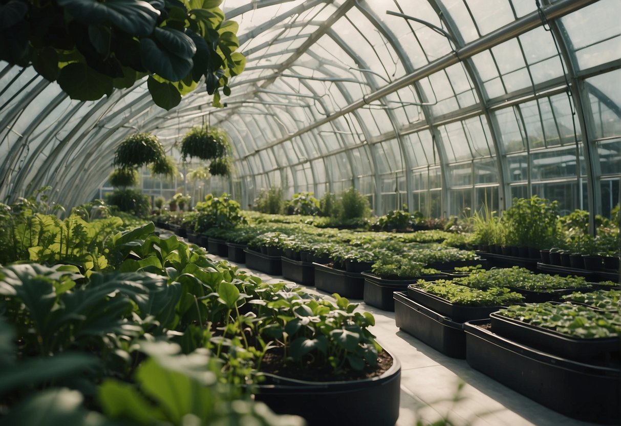 Space Agriculture Solutions - Lush green plants float within a futuristic, transparent greenhouse. Advanced technology supports the growth of crops in the zero gravity of space