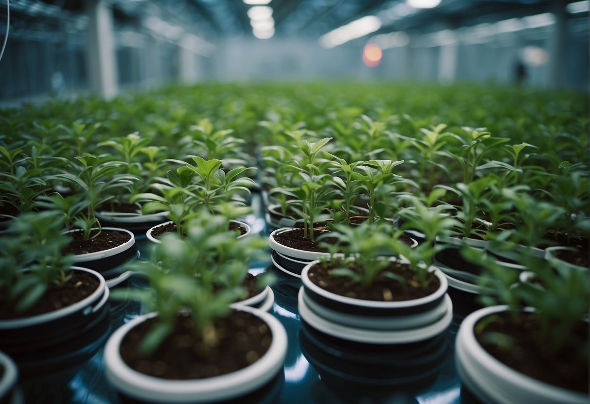 Plants float in a controlled environment, surrounded by specialized equipment and technology. The absence of gravity is evident as the plants grow and thrive in a unique space agriculture setting