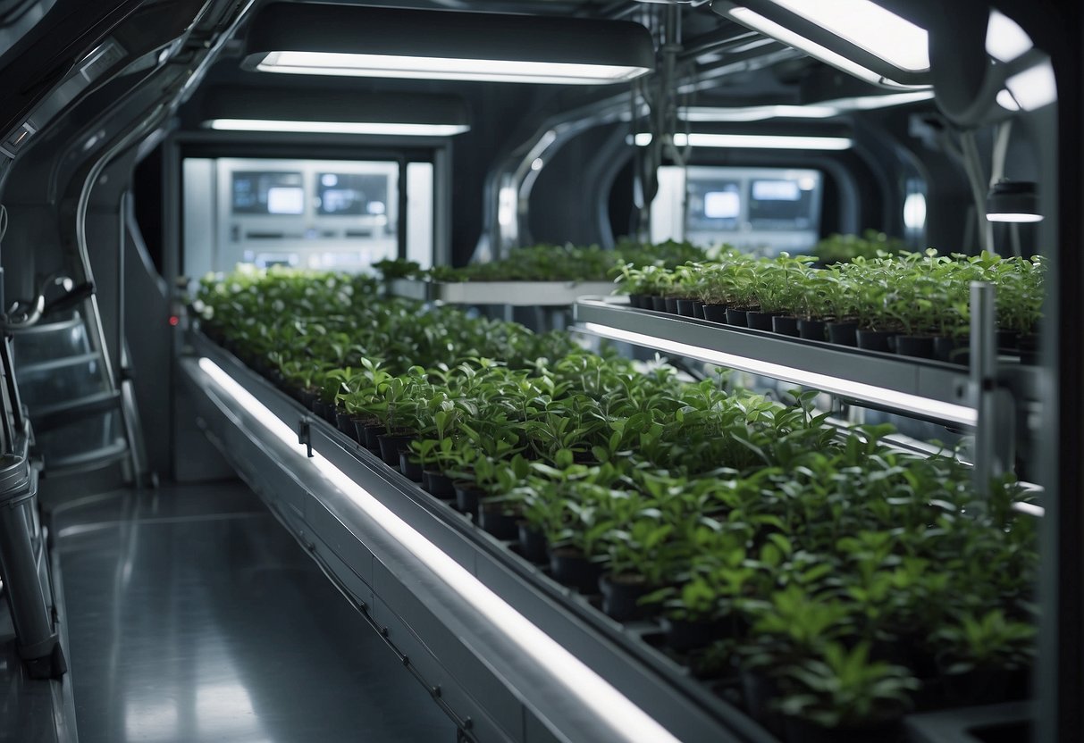In a futuristic space station, plants thrive in zero gravity. Suppliers work on advanced technology to support agricultural growth in the challenging environment