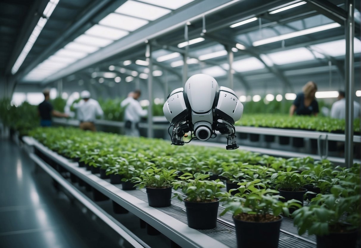 In a futuristic space station, robotic arms plant and harvest crops in a zero gravity greenhouse, while drones deliver supplies for space agriculture