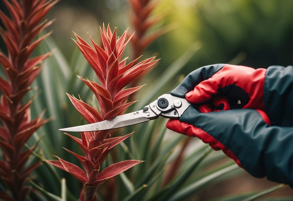 A pair of pruning shears trims the long, slender leaves of a red yucca plant. A gardening glove lies nearby, ready to protect the hands of the gardener