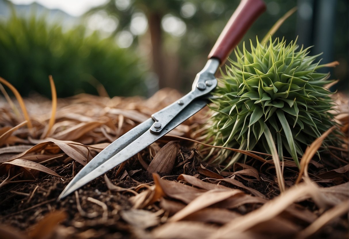 A pair of gardening shears cuts through the long, slender leaves of a red yucca plant, shaping them into a neat and tidy form. The discarded leaves lie in a pile on the ground, while the pruned plant stands tall and well