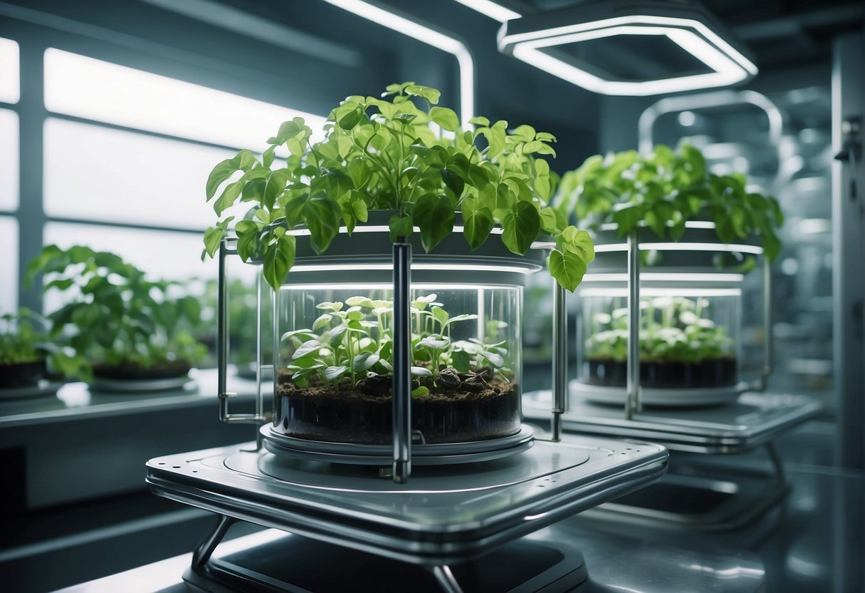 A futuristic space station with floating hydroponic gardens and robotic arms tending to crops in zero gravity