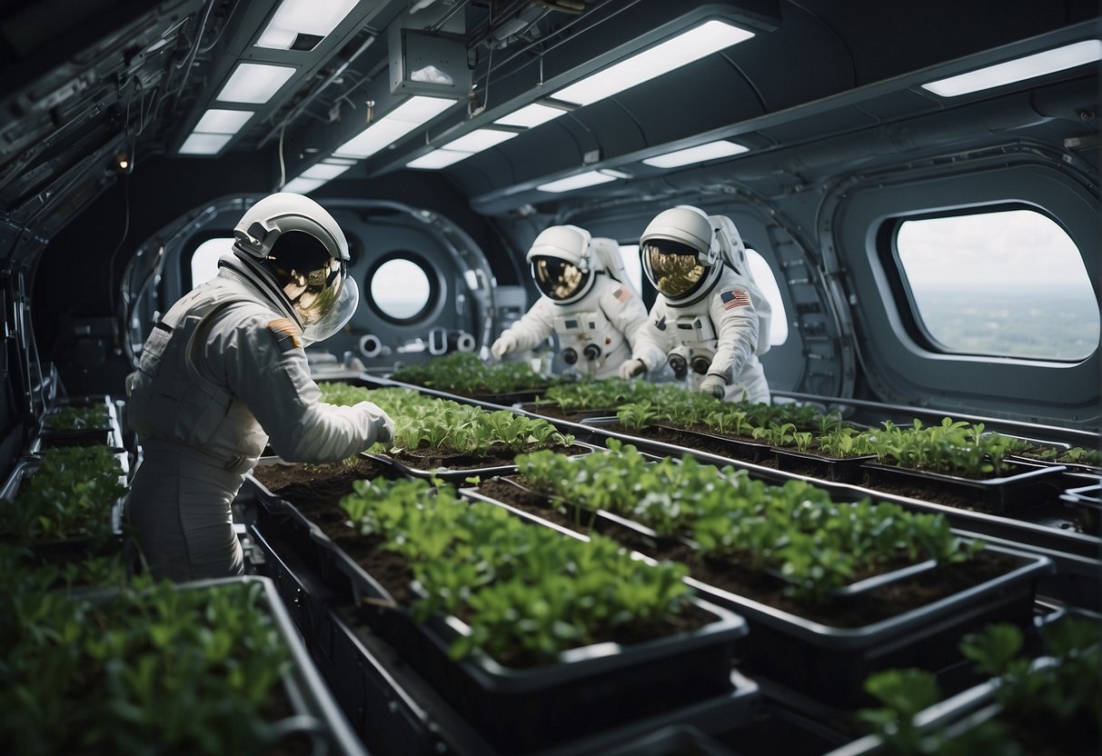 Suppliers and equipment floating in zero gravity space, tending to plants and agricultural solutions for space