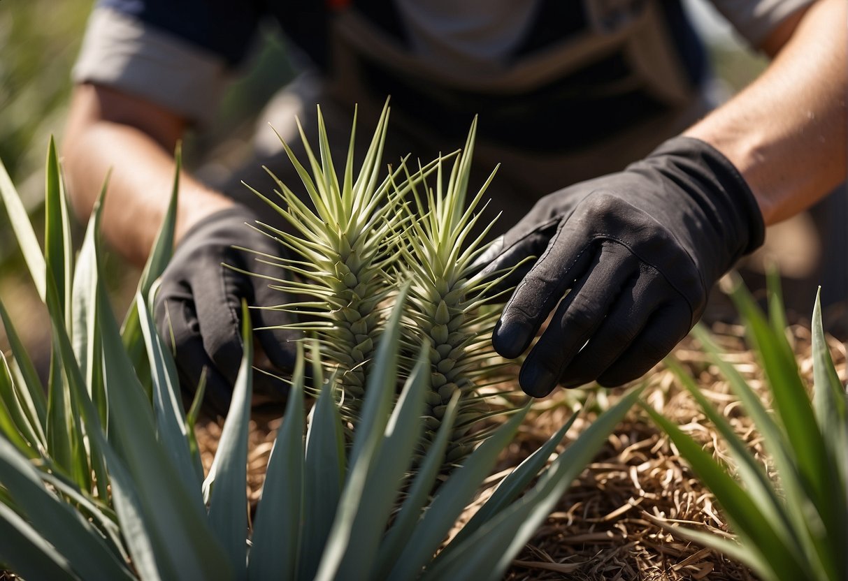 A person carefully tending to a yucca plant, wearing gloves and using tools to avoid the sharp leaves and spiky stems