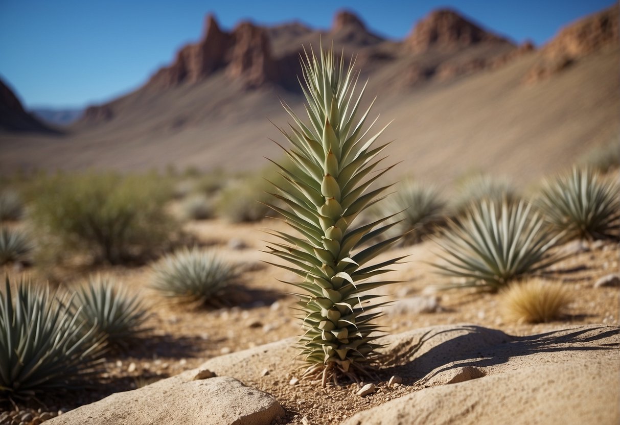 A yucca plant with sharp, sword-like leaves stands in a dry, rocky desert. A warning sign nearby cautions against touching the plant
