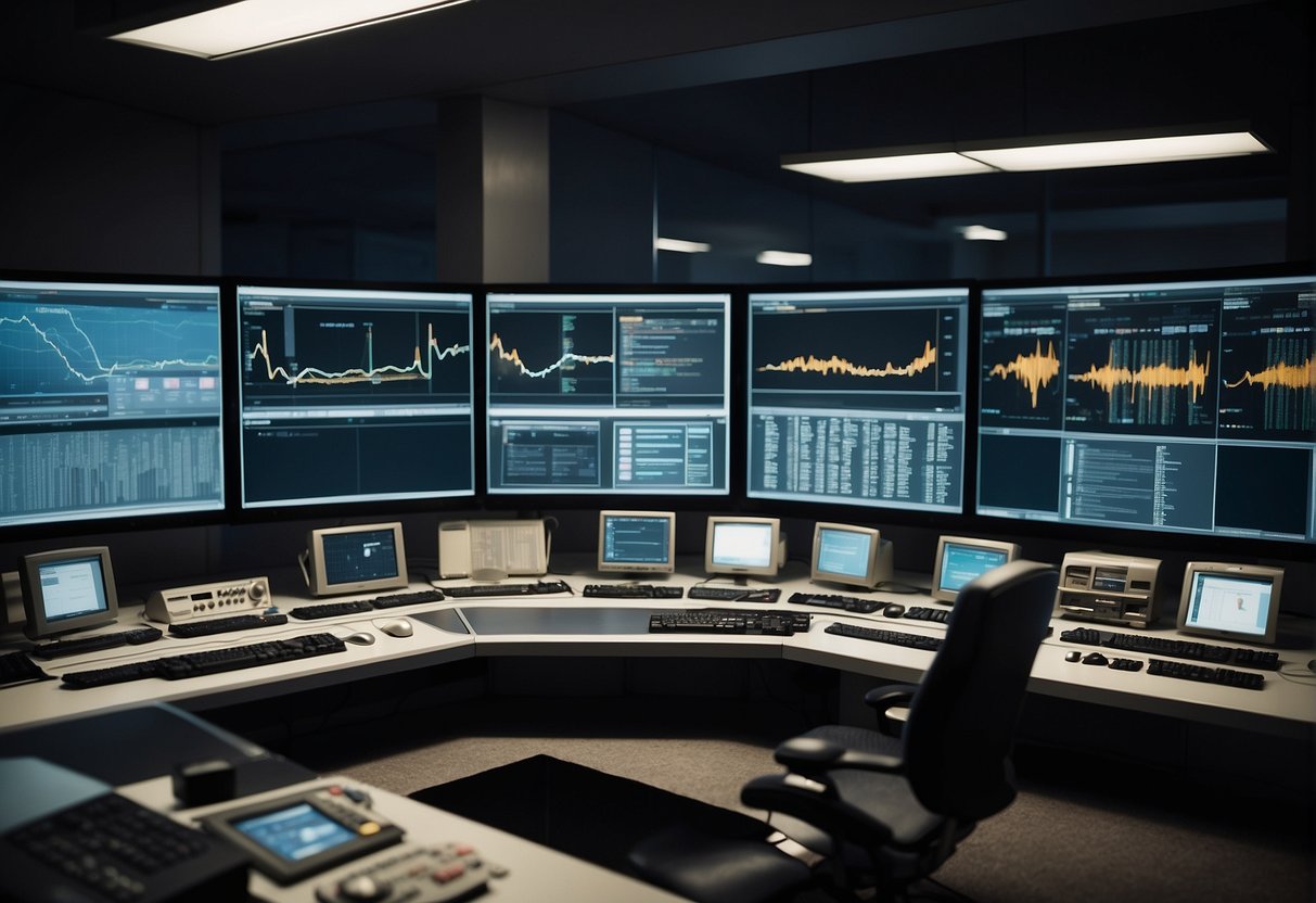 A series of computer screens displaying the evolution of ground control software, with various mission control interfaces and data visualization tools