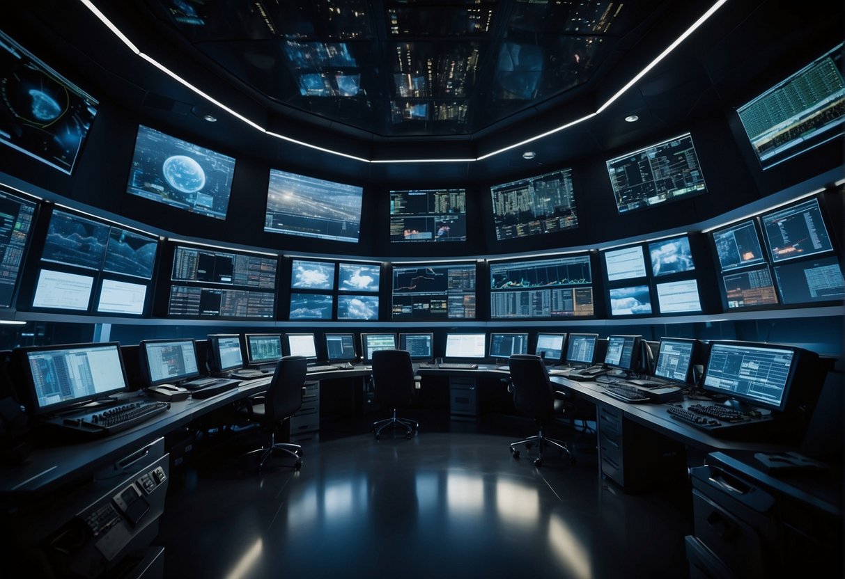 A control room with multiple computer screens displaying data and charts. A central command station with a team of software providers managing space missions from Earth