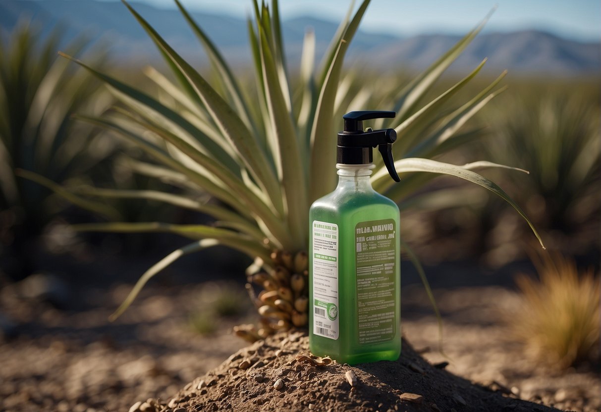 A bottle of herbicide being poured onto a yucca plant, with wilted and dead plants surrounding it