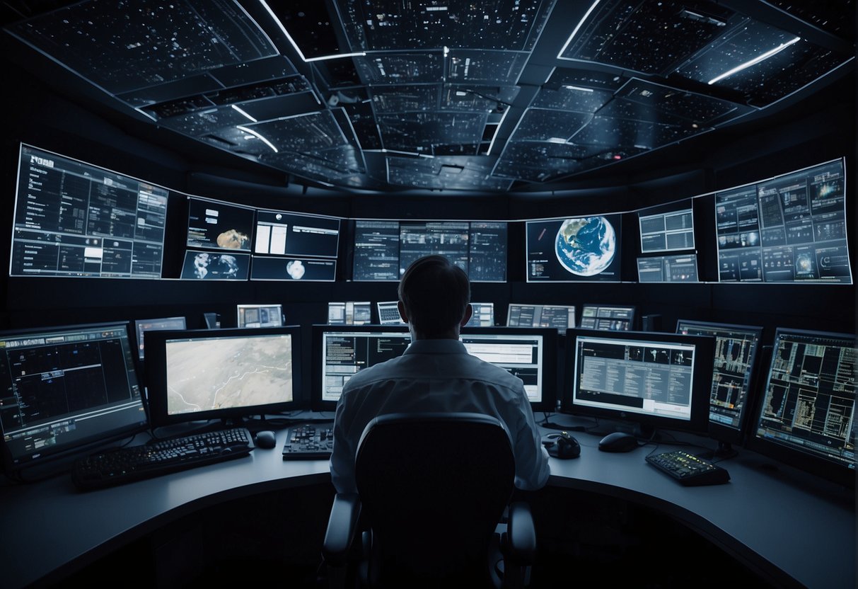 A control center with multiple computer screens displaying mission data, surrounded by technicians monitoring and managing space missions from Earth