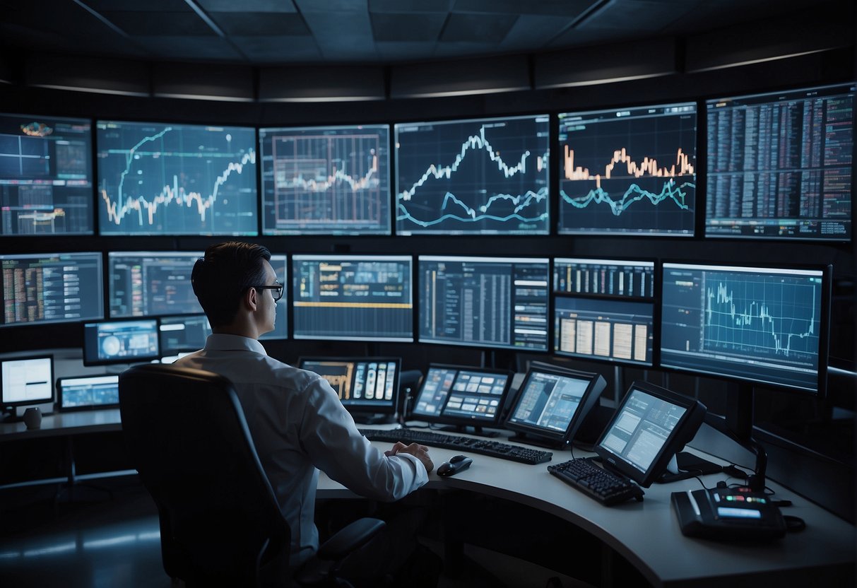 A control room with multiple computer screens displaying data and charts. Engineers and technicians monitor and analyze information, while software programs manage and execute missions from Earth