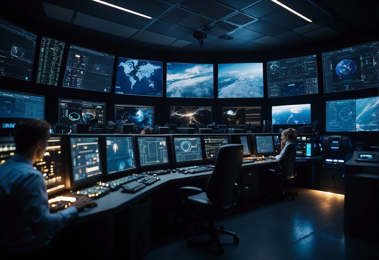 A control room with multiple computer screens and operators managing space missions from Earth