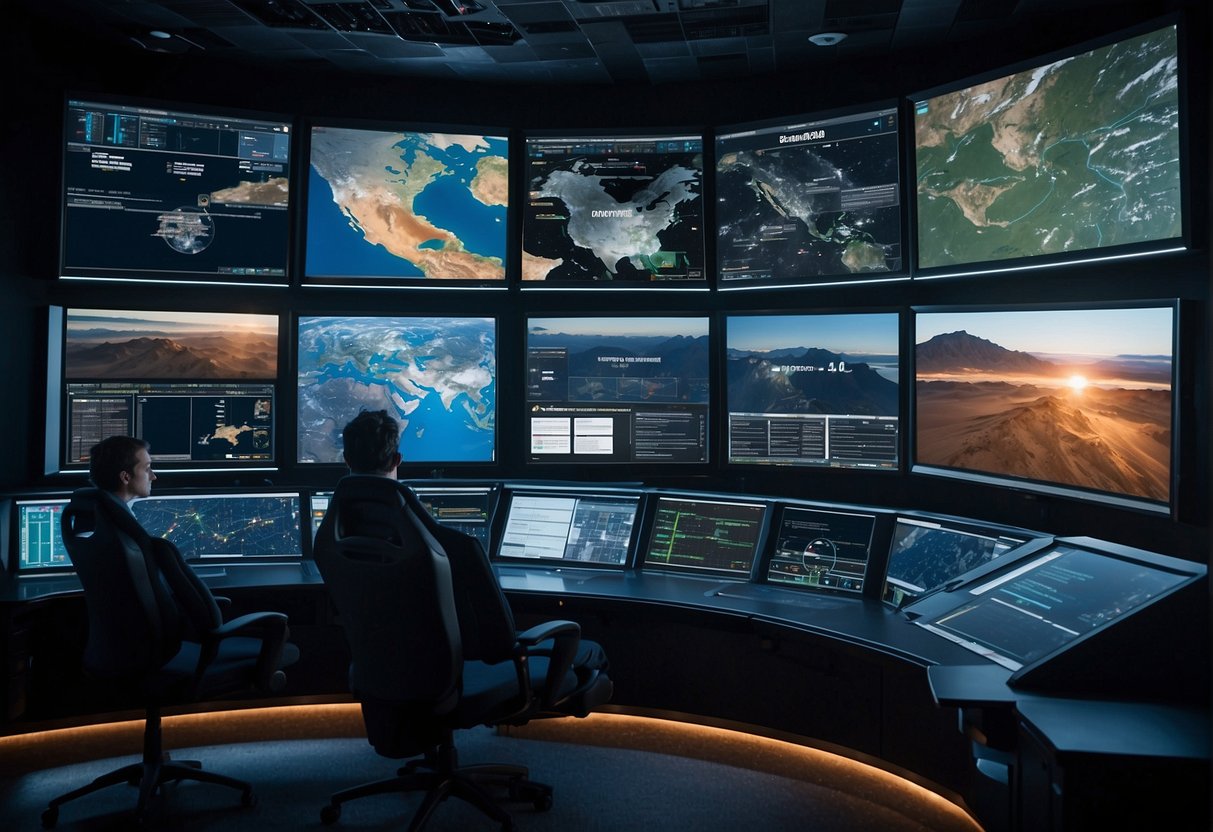 Ground control software providers manage missions from Earth, with screens displaying real-time data, communication systems, and control panels