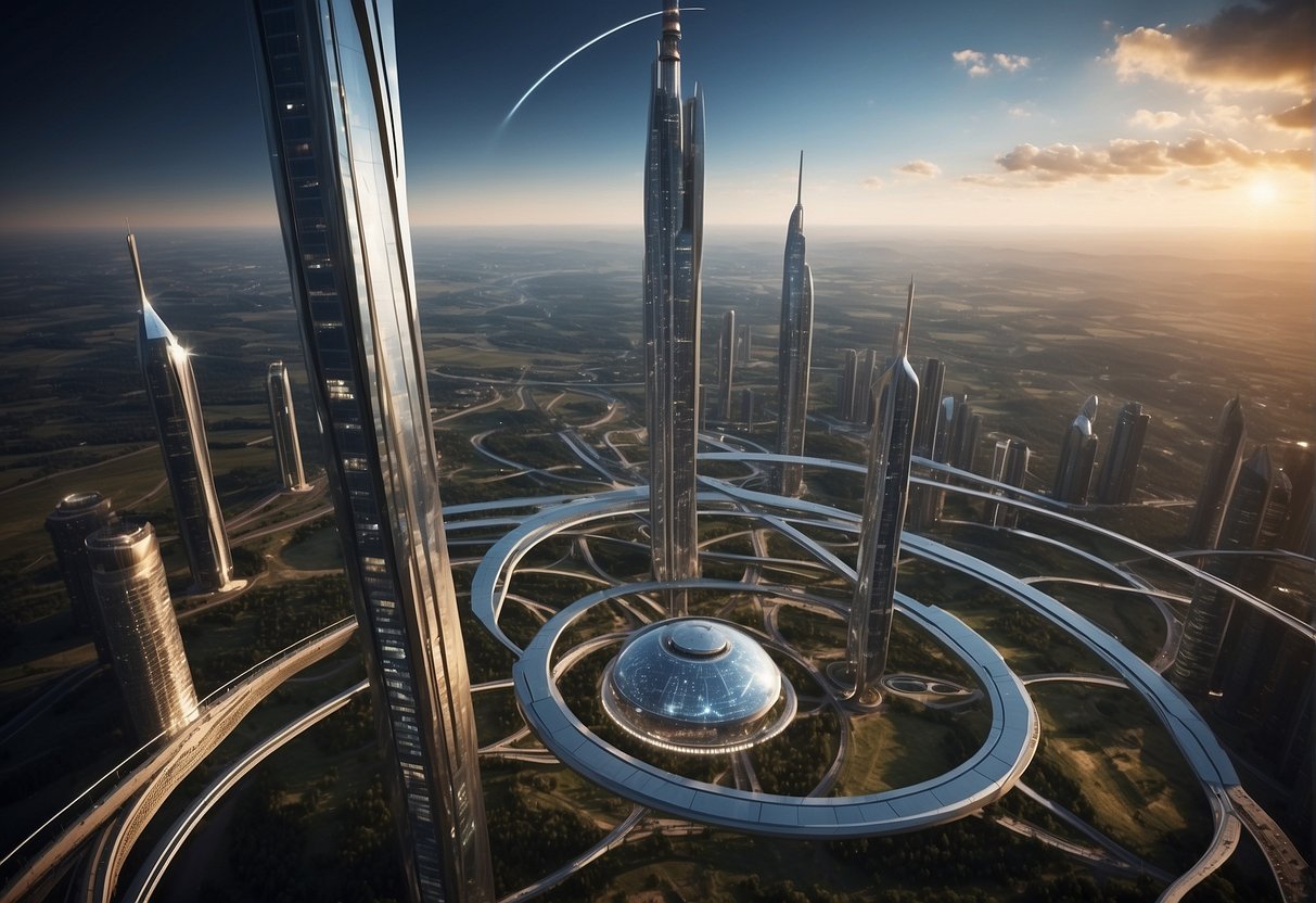 Space Elevator Concepts - Multiple companies researching space elevator concepts, with futuristic lift systems and space infrastructure