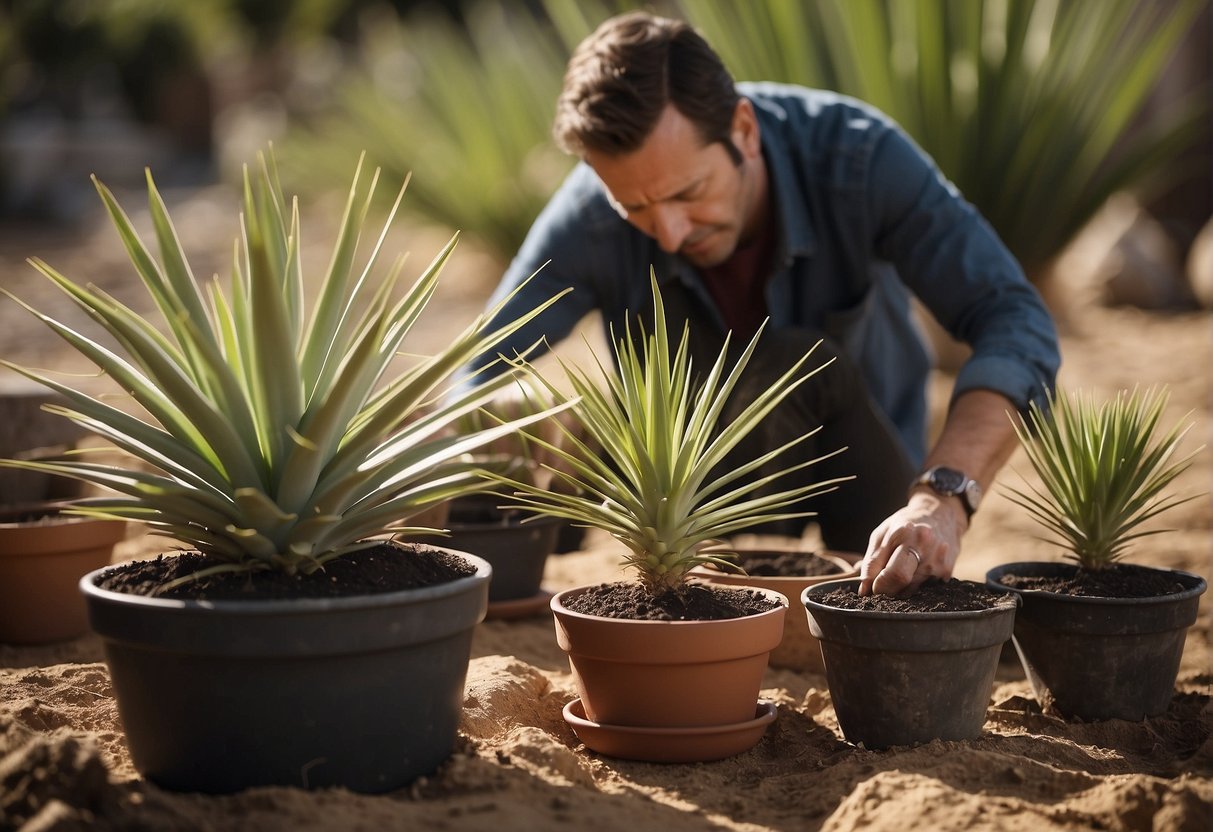 A person carefully repotting a healthy yucca plant into a larger, well-draining pot with fresh soil, positioned in a bright, sunny location