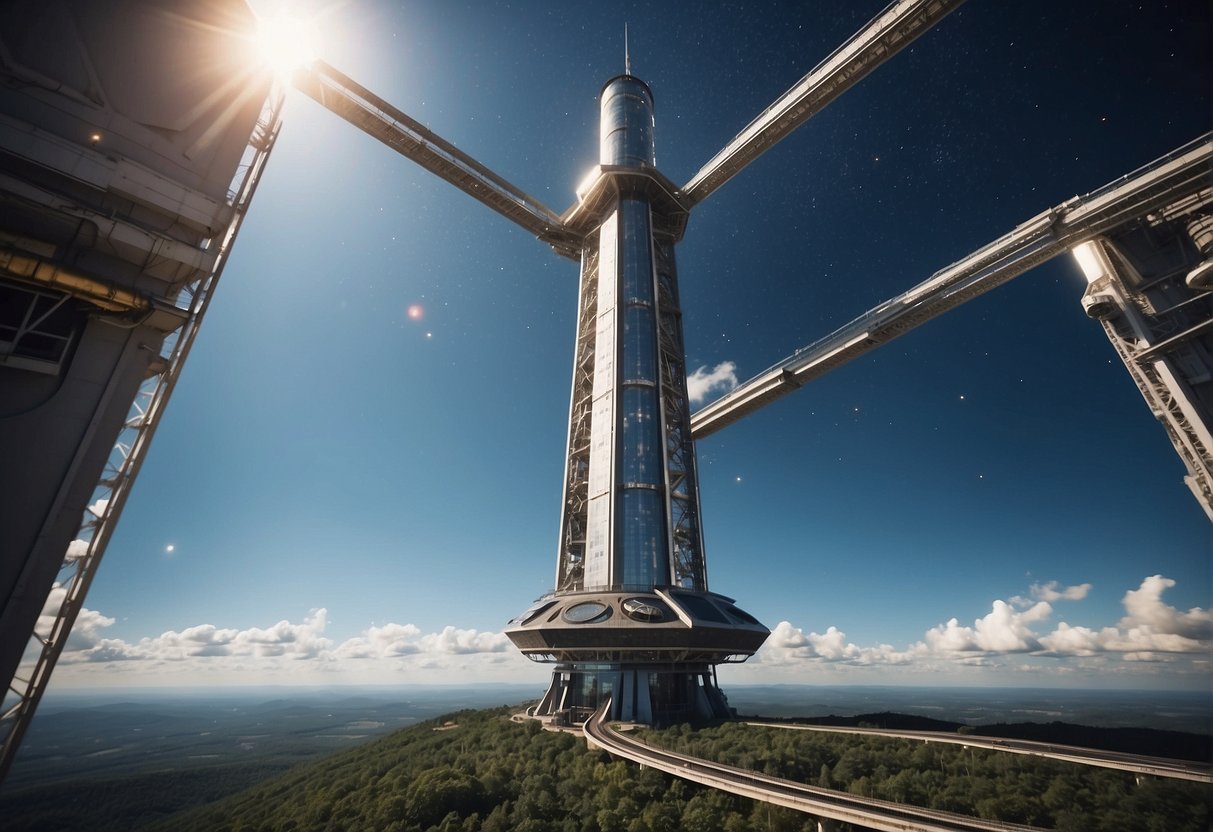 A space elevator stretches into the sky, tethered to Earth and reaching towards the stars. Research facilities and companies surround the base, bustling with activity and innovation