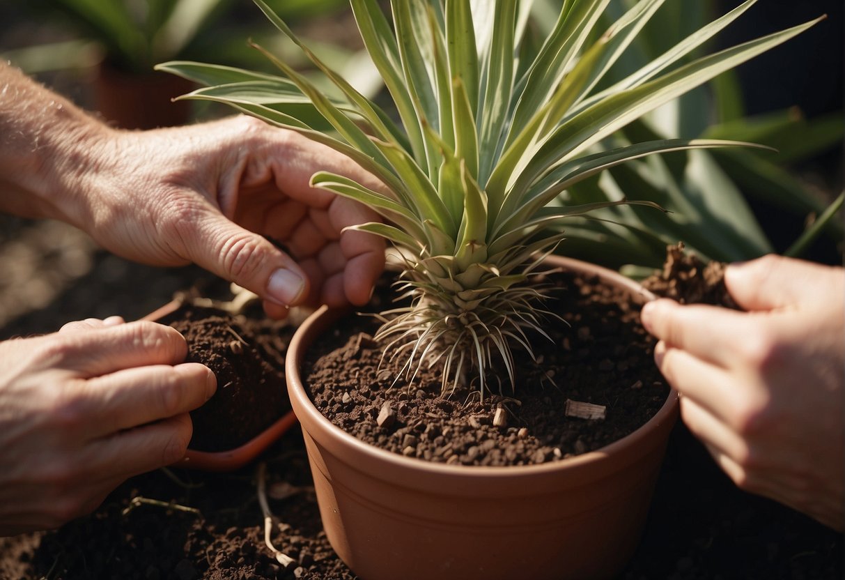 A pair of hands repotting a yucca plant into a larger pot with fresh soil, trimming dead leaves, and watering it gently