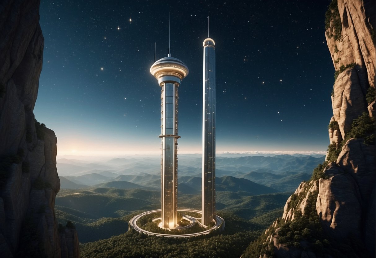 A space elevator concept is being researched by materials science companies, showcasing advanced lift systems for future space travel