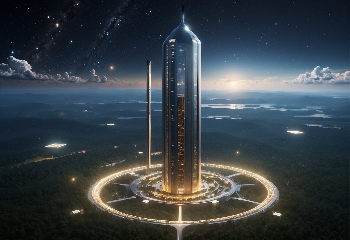 A towering space elevator extends into the starry sky, with sleek, futuristic design and advanced technology. Research facilities and companies surround the base, showcasing innovation and progress in lift systems