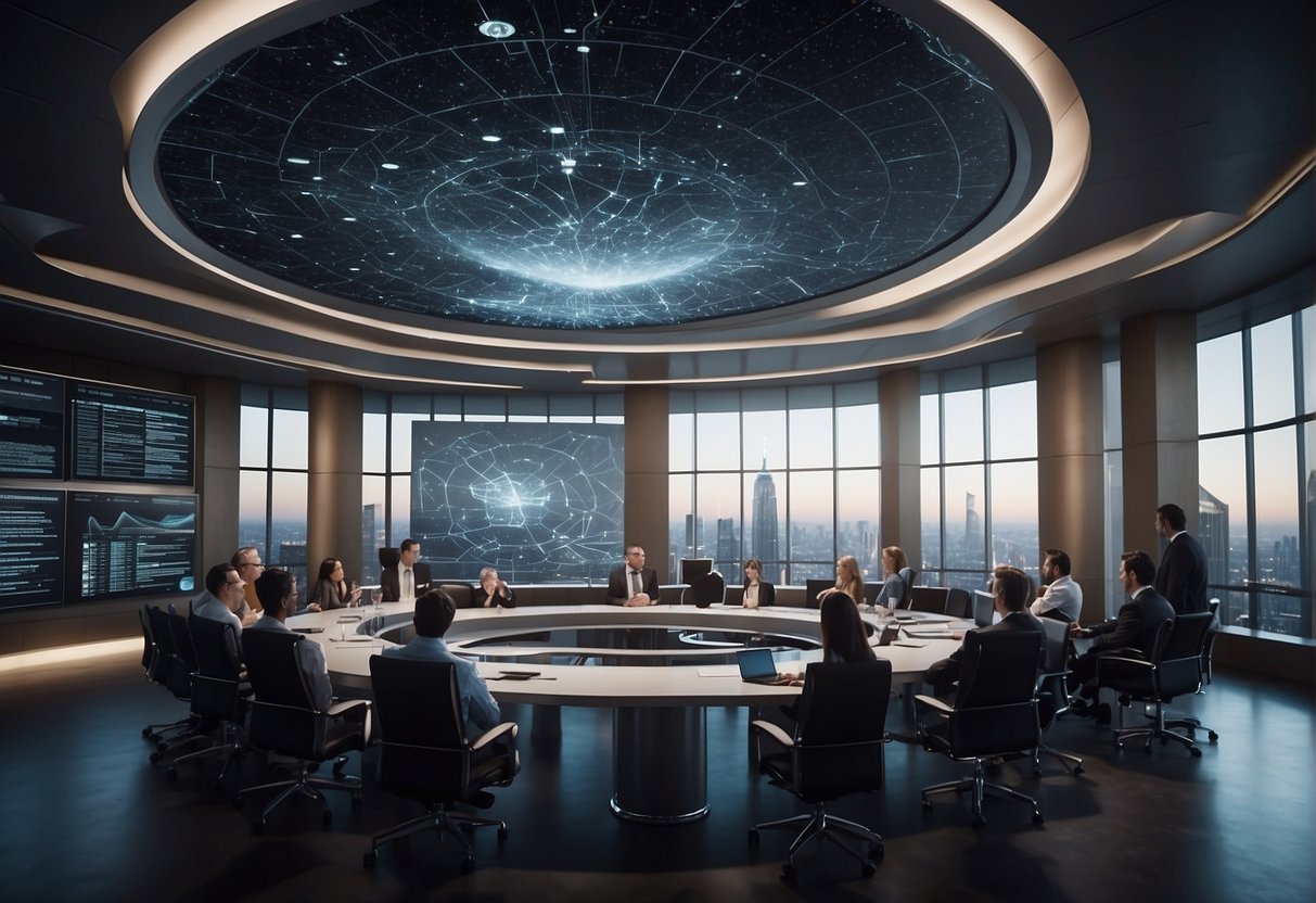 A bustling conference room filled with engineers and scientists discussing space elevator concepts and legal frameworks. Charts and diagrams cover the walls, and futuristic lift system models are displayed on tables