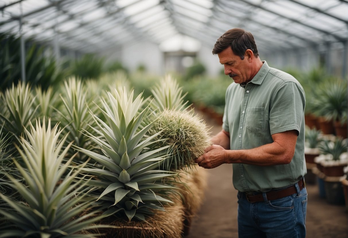A customer carefully selects a large yucca plant from a variety of options at a plant nursery