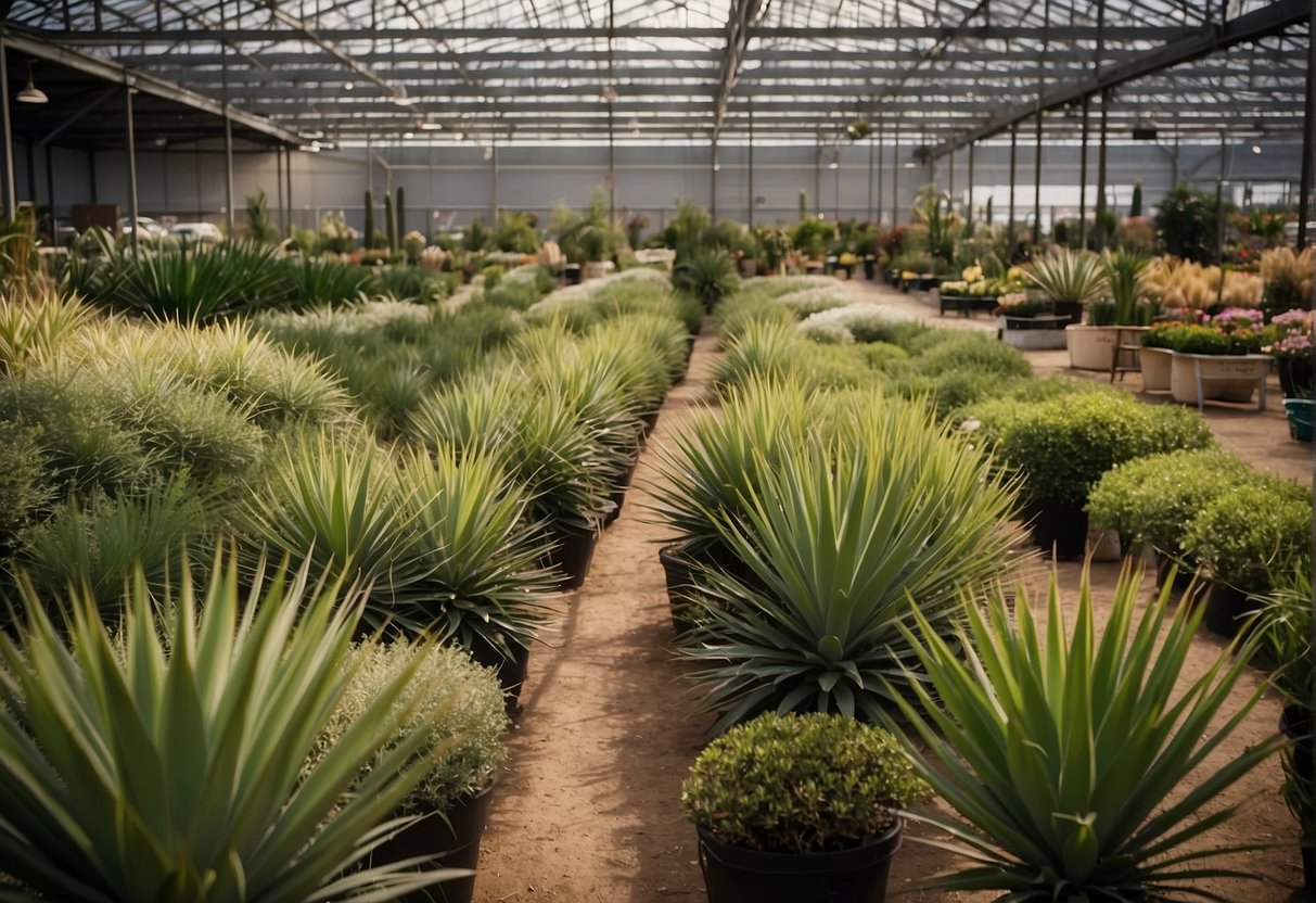 A garden center displays rows of large yucca plants for sale. Customers browse the selection, while employees water and care for the vibrant green foliage