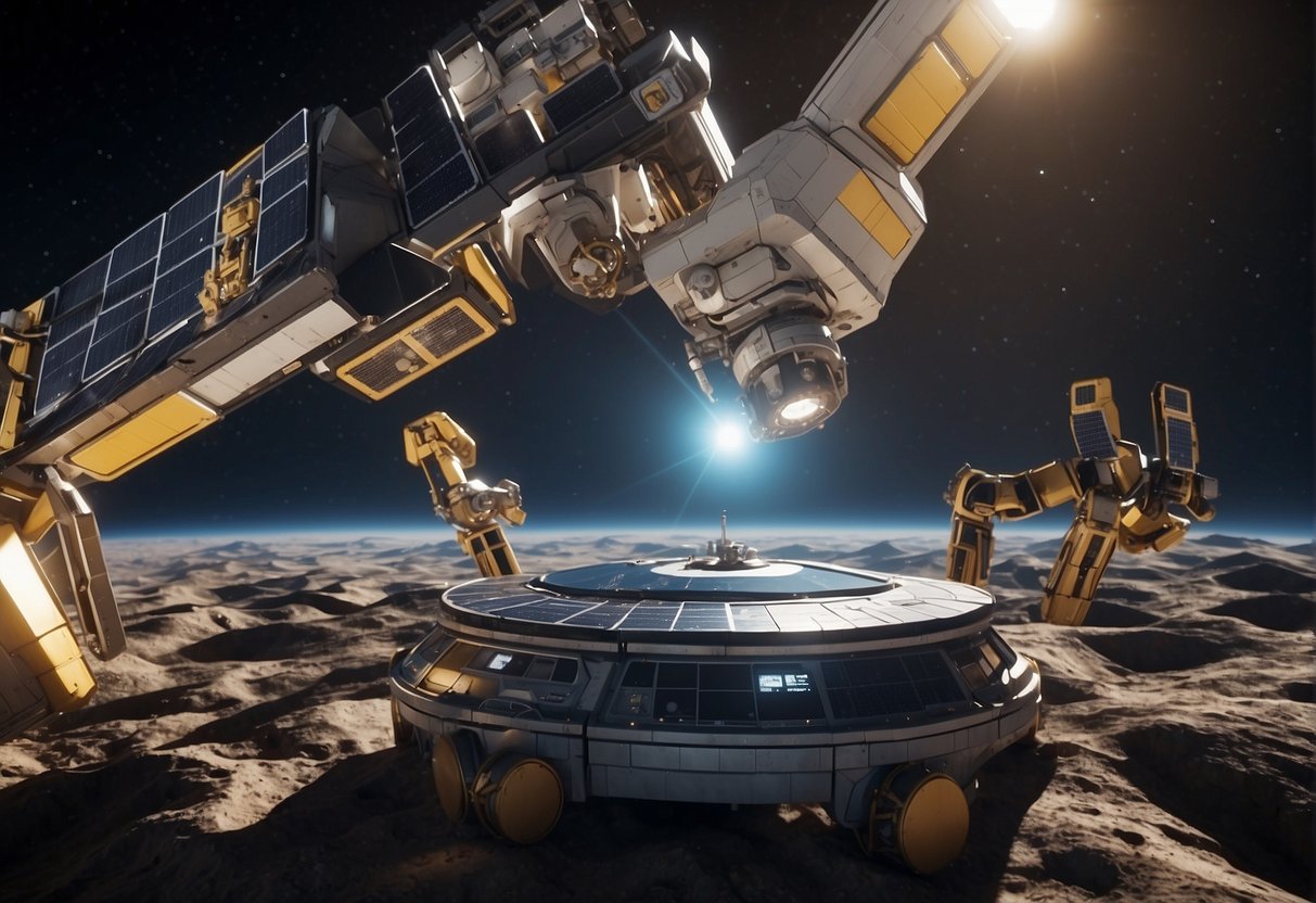 Space Mining Technologies - Robotic arms extend from a spacecraft, extracting minerals from an asteroid. Solar panels power the operation, while a team monitors progress from a control center on Earth