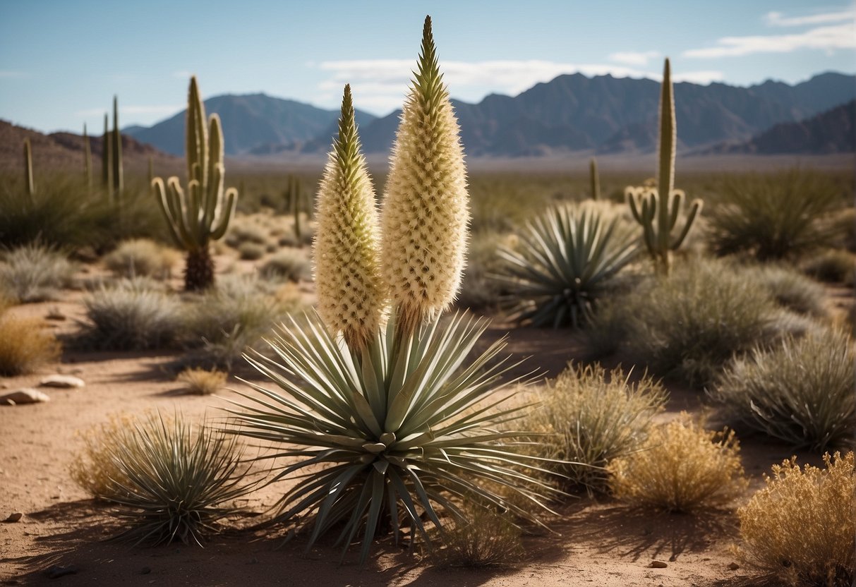 Yucca plants thrive in a sun-drenched desert landscape, surrounded by rocky terrain and sparse vegetation. The tall, spiky leaves of the yucca reach towards the sky, standing out against the arid backdrop
