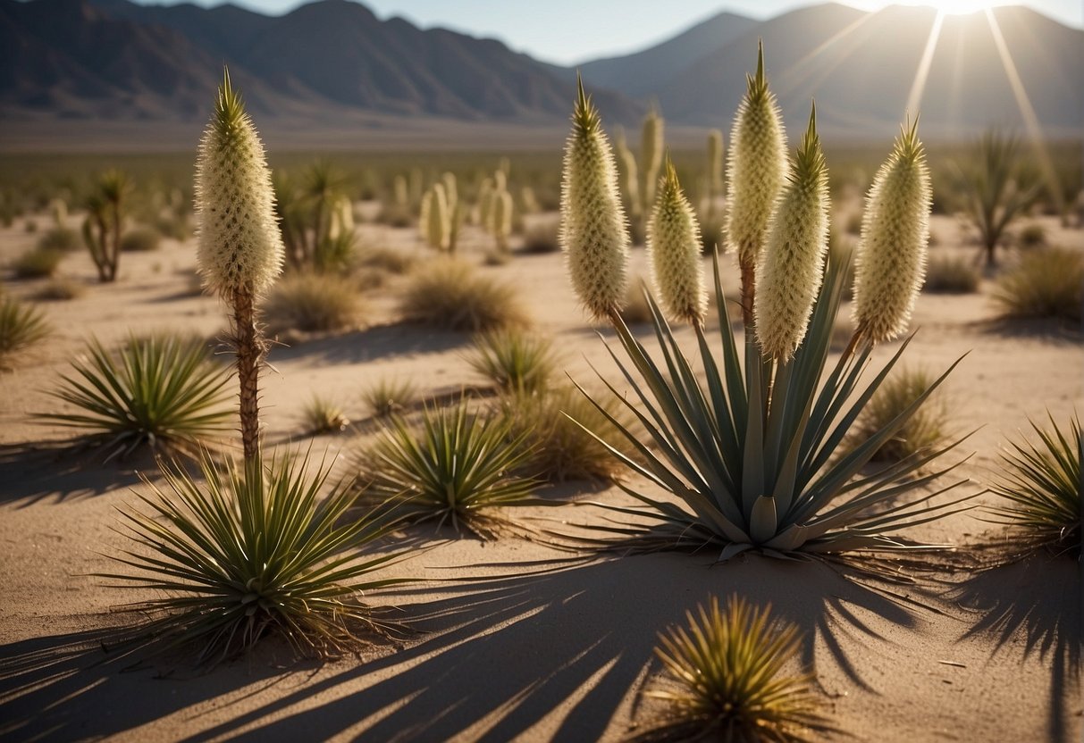 Yucca plants spread across desert landscape, their long, slender leaves reaching towards the sun, while new shoots emerge from the base