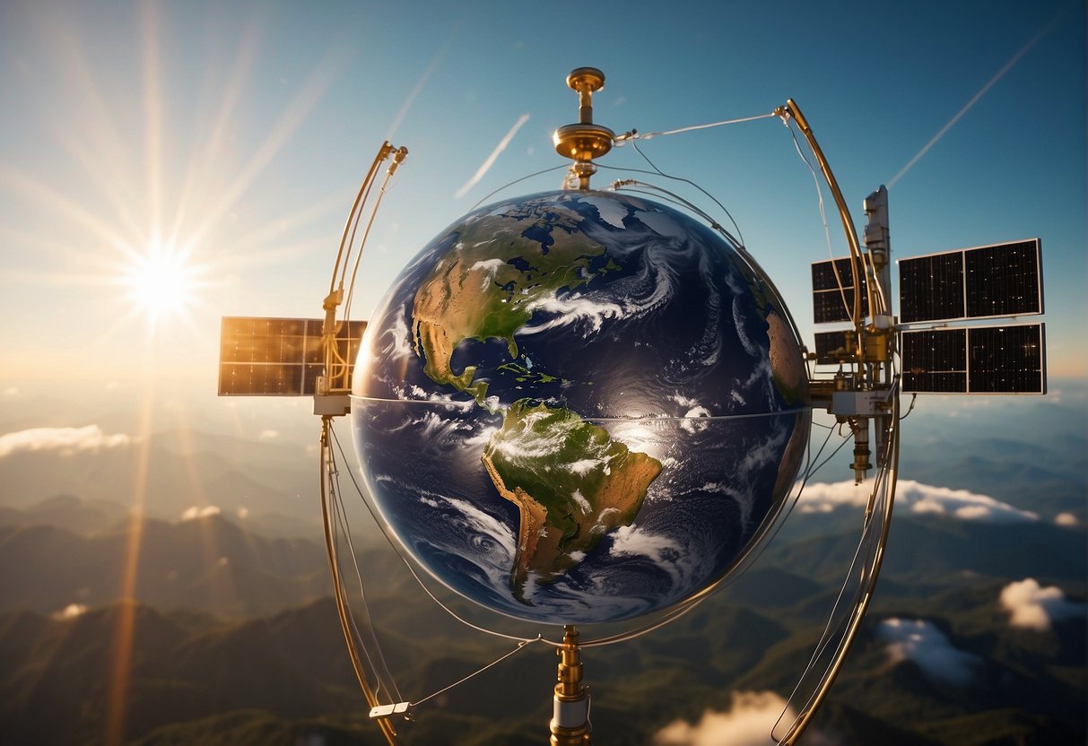 Environmental monitoring satellites orbiting Earth, capturing data on land, water, and air. Solar panels gleam in the sunlight as antennas transmit information back to Earth